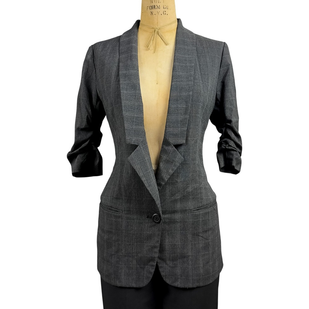 Charcoal Gray Power Blazer Plaid Check Ruched 3 Quarter Sleeve Single Button S